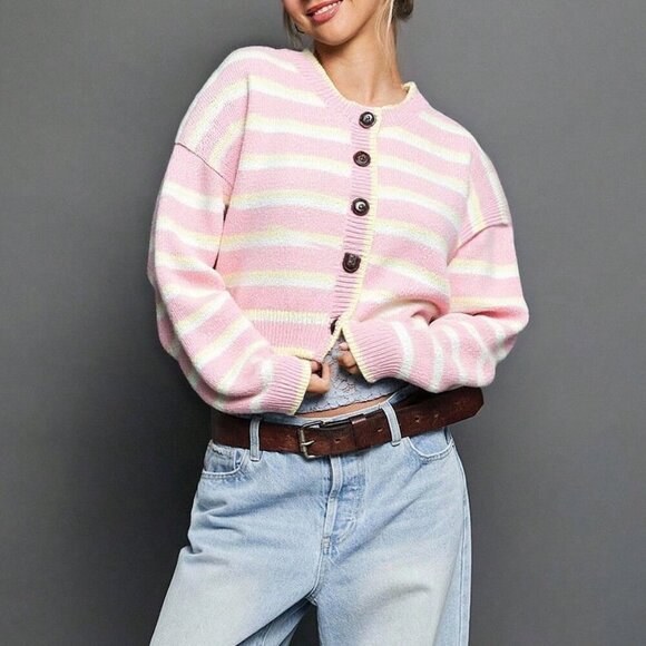 Pink Chic Women's Striped Crewneck Cardigan - Picture 7 of 8